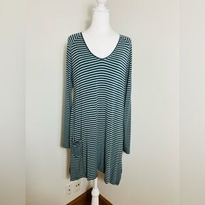 Soft Surrounding  Dress V Neck‎ Sz M Striped Green/navy Blue Midi Long Sleeve
